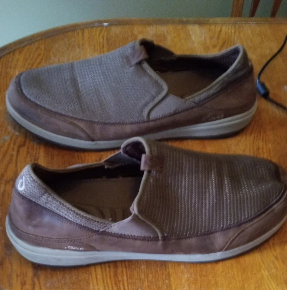 OluKai Brown and Tan Slip-On Loafers